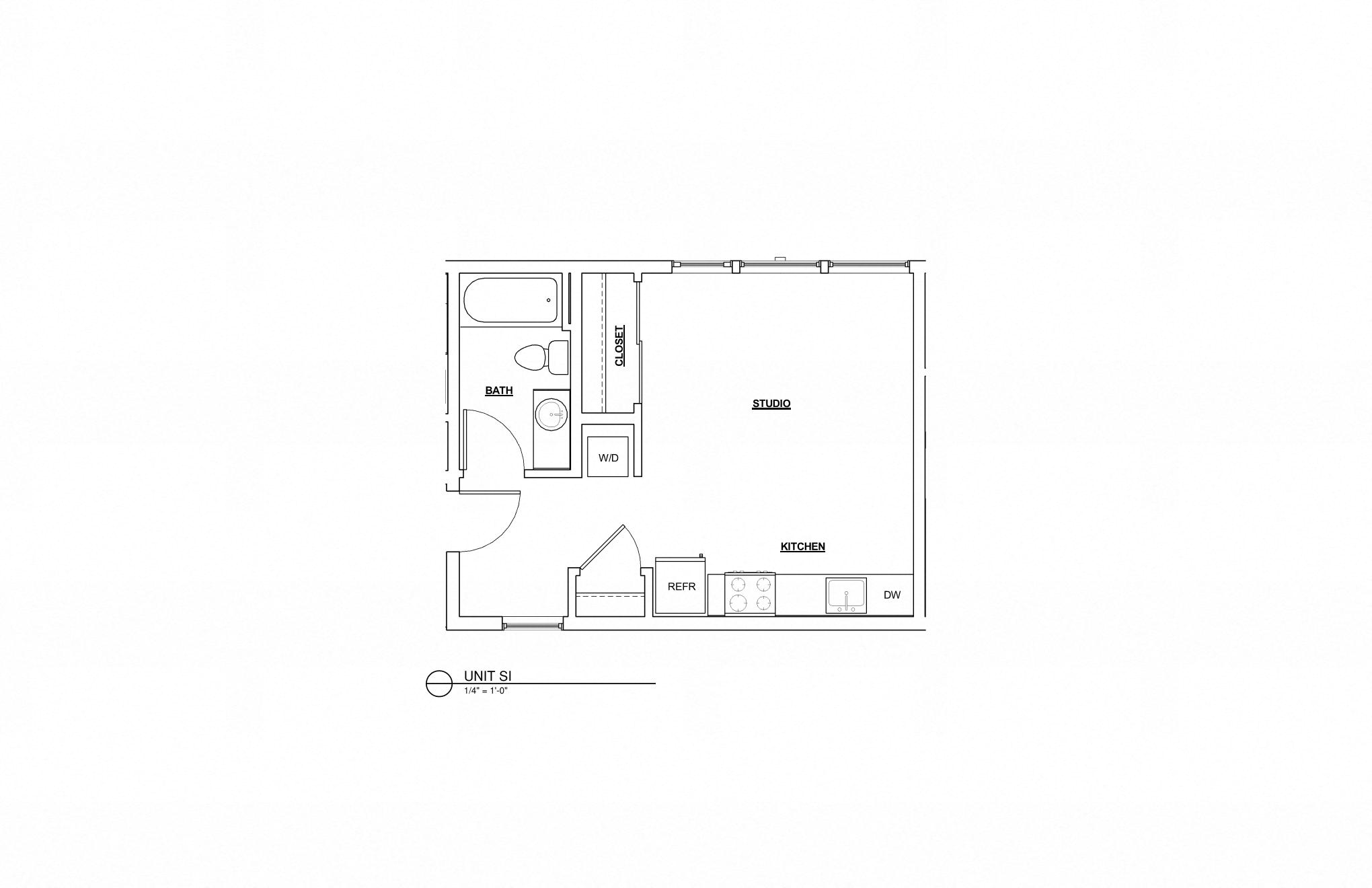 Floor plan for studio, 1 bath, 423 sqft